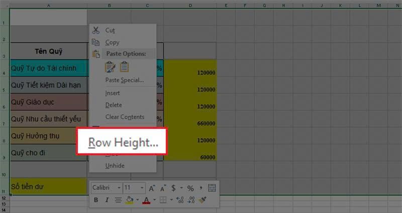 Cách giãn dòng trong Excel cho đều sử dụng Row Height.
